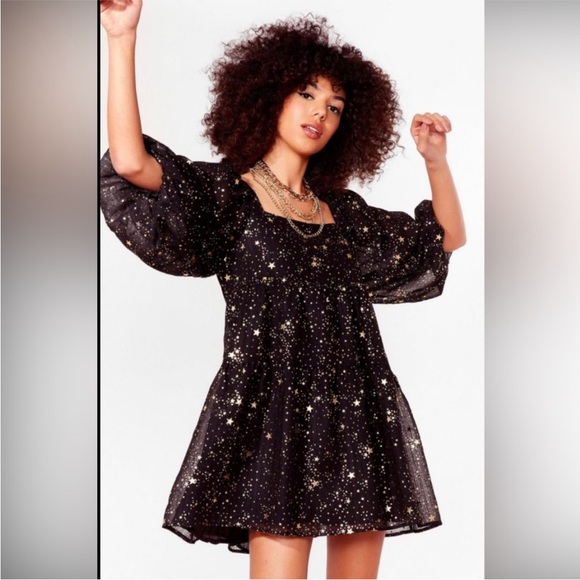 Black and Gold Starlight Dress with Balloon Sleeves from Nasty Gal - Picture 5 of 8